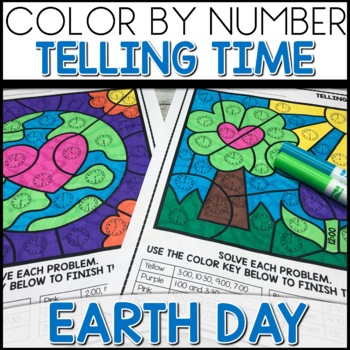 Preview of Earth Day Coloring Pages Math Color by Number Code Telling Time Worksheets