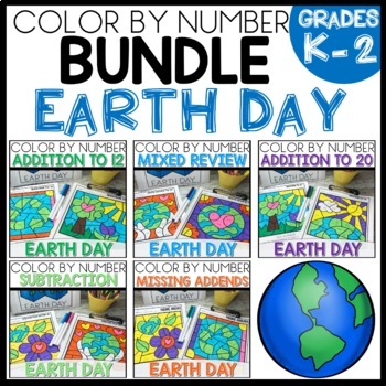 Preview of Earth Day Coloring Pages Color By Code Number Addition & Subtraction within 20