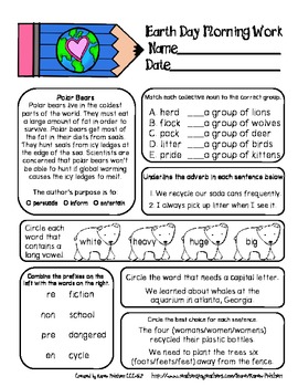 Earth Day Math and ELA morning work pack aligned with common core 2nd grade