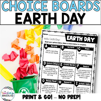Preview of Earth Day Menus - Choice Boards and Activities- 3rd - 5th Grade