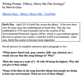 Preview of Earth Day - "Mercy, Mercy Me (The Ecology)" - Marvin Gaye song writing prompt