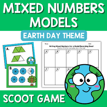 Preview of Earth Day Mixed Numbers Models Scoot Game Task Cards Fractions Center Activity