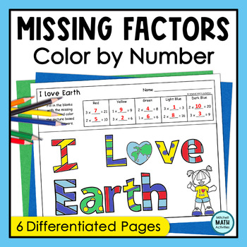 Preview of Earth Day Multiplication Missing Factors Color by Number Activity Pages