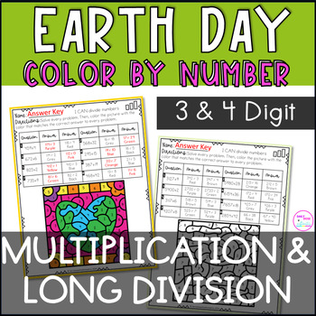 Preview of Earth Day Multiplication and Long Division Practice Color By Number Worksheets