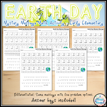 Preview of Earth Day Mystery Message Math Worksheet {Early Elementary - Differentiated}