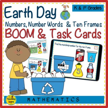 Preview of Earth Day Numbers, Number Words & Ten Frames BOOM & Task Cards Match Game