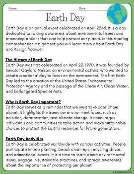 Preview of Earth Day Passage and Activities
