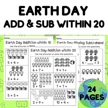 Preview of Earth Day Picture Addition & Subtraction Within 20 l Missing Addend & Subtrahend
