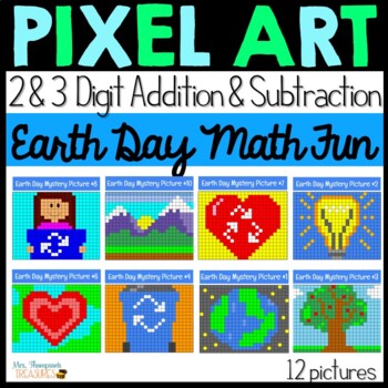 Preview of Earth Day Pixel Art Math - Addition and Subtraction BUNDLE
