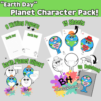 Preview of Earth Day Pack: Planet Coloring Characters, Writing Papers & Planet Clipart