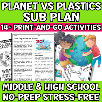 Preview of Earth Day Planet vs Plastics 2024 Science Sub Plan Middle School 5th  6th 7th Gr