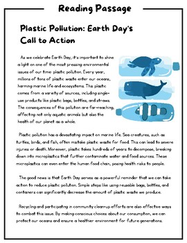 Preview of Earth Day & Plastic Pollution Reading Comprehension Passage & Questions Editable
