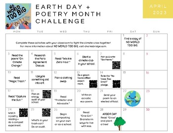 Preview of Earth Day/Poetry Month Activity Calendar based on NO WORLD TOO BIG