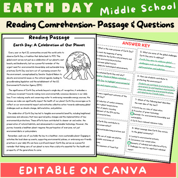 Preview of Earth Day Reading Comprehension Passage and Questions | Middle School