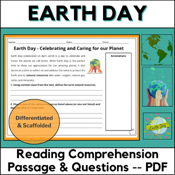 Preview of Earth Day Reading Comprehension Passage and Questions - PDF