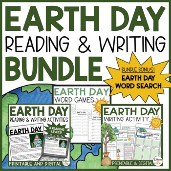 Preview of Earth Day Reading and Writing Activities Bundle | Free Word Search