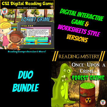 Preview of Earth Day Reading Mystery Duo Bundle Worksheets & Digital Game - Forest Grime