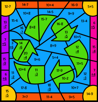 Earth Day Recycle ~ Addition & Subtraction Within 20 ~ Mystery Picture