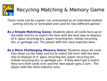 Preview of Earth Day Recycling Matching and Memory Card Games