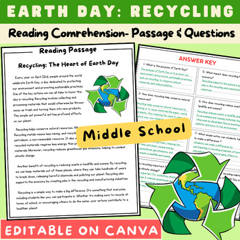 Preview of Earth Day & Recycling Reading comprehension Passage & Questions | Middle School