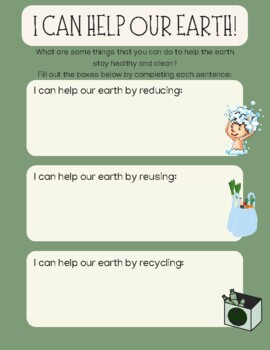 Preview of Earth Day "Reduce, Reuse, Recycle" Sentence Starters Worksheet FREEBIE
