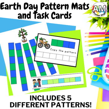 Preview of Earth Day Repeating Patterns Task Cards and Play Mats - AB, AAB, ABB, AABB, ABC