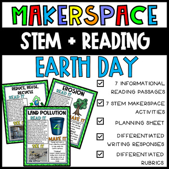 Preview of Earth Day STEM Makerspace Activities Task Card Reading Passages Crafts