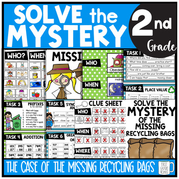 Preview of Earth Day Solve the Mystery Math & ELA Task Card Activity 2nd Grade