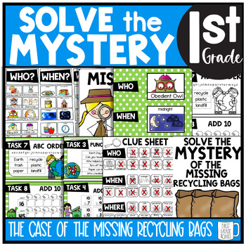 Preview of Earth Day Solve the Mystery Math & ELA Task Card Activity
