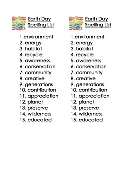 Preview of Earth Day Spelling List