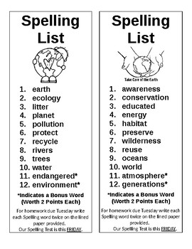 Preview of Earth Day Spelling List (Editable)
