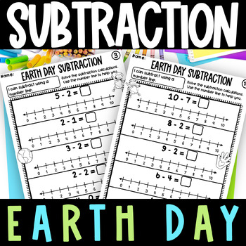 Preview of Earth Day Subtraction Number Line Worksheets Kindergarten