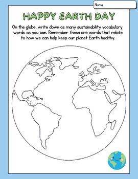 Preview of Happy Earth Day Sustainability Vocabulary Words Drill Write on Globe Worksheet