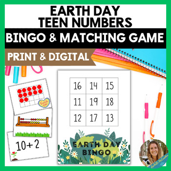 Preview of Earth Day Teen Number Math Bingo and Matching Game