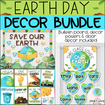 Preview of Earth Day Theme April Watercolor Bulletin Board/Door Decor Kit Bundle, EDITABLE