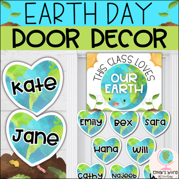 Preview of Earth Day Theme Watercolor Door Display/Bulletin Board - EDITABLE April Decor