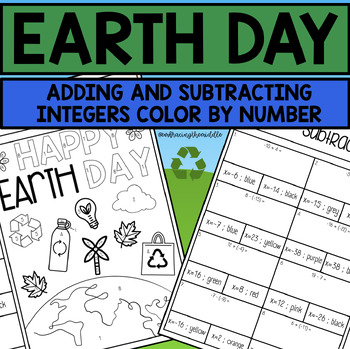 Preview of Earth Day Themed Adding + Subtracting Integers Color by Number for 7th Graders