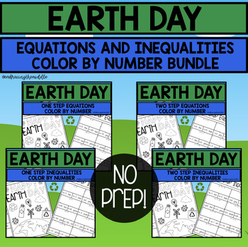 Preview of Earth Day Themed Equations and Inequalities Color By Number Activity BUNDLE