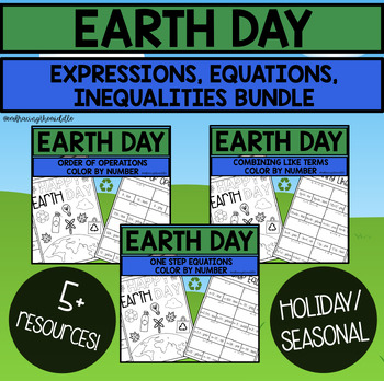 Preview of Earth Day Themed Expression, Equation, and Inequalities Color By Number Bundle