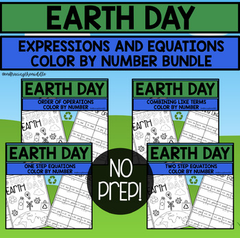 Preview of Earth Day Themed Expressions and Equations Color By Number Activity BUNDLE