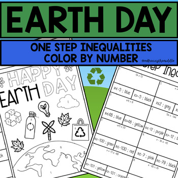 Preview of Earth Day Themed One Step Inequalities Color by Number | 7th Grade Math