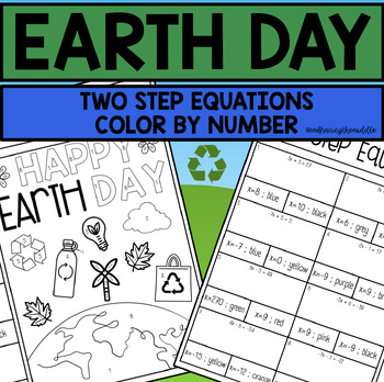 Preview of Earth Day Themed Two Step Equations Color by Number for Middle Schoolers