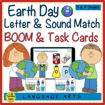 Preview of Earth Day Upper & Lowercase Letters & Sounds Match BOOM & Task Cards