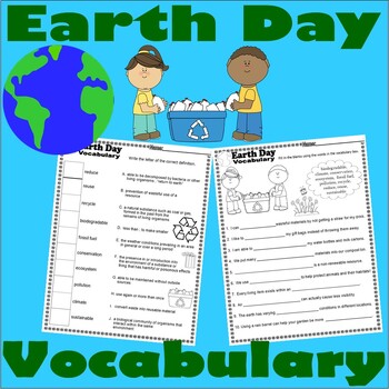 Preview of Earth Day Vocabulary Worksheets NO PREP Definitions FIB Sentences Recycling