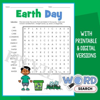 Preview of Easy Earth Day Word Search Puzzle Vocabulary Word Work Activity 1st 2nd Grade