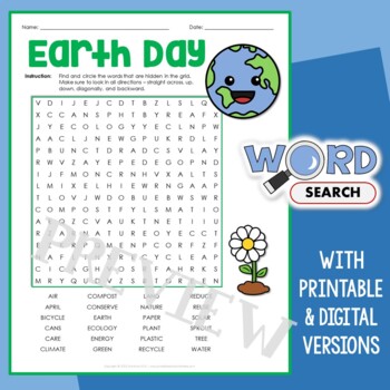 Preview of Fun Earth Day Word Search Puzzle Vocabulary Activity Worksheet 3rd 4th Grade