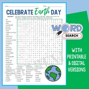 Preview of Hard Earth Day Word Search Puzzle Vocabulary Worksheet 4th Grade Middle School