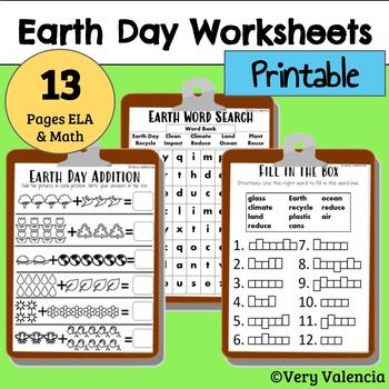 Preview of Earth Day Printable Math and ELA Worksheets/Packet (Distance Learning)