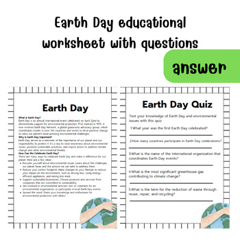 Preview of Earth Day educational worksheet with questions