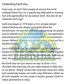 Preview of Earth Day reading passage for grades 4-6
